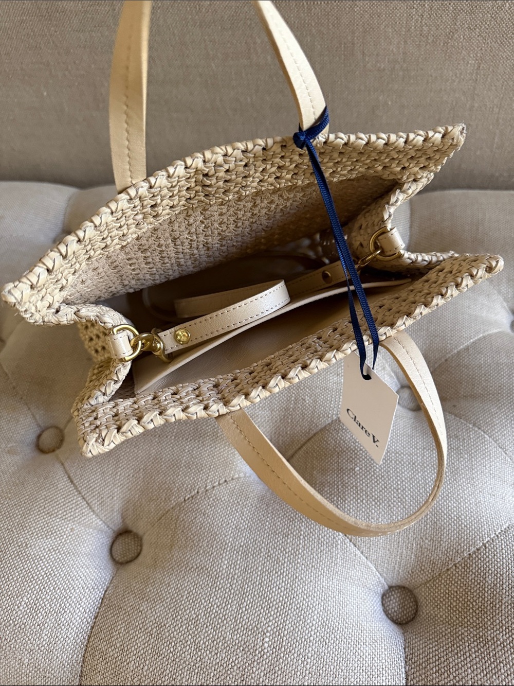 Clare V Natural Woven Straw Tote with Leather Handles - Picture 2 of 5